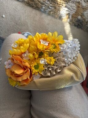Yellow Floral Embellished Clutch with Pearl Accents